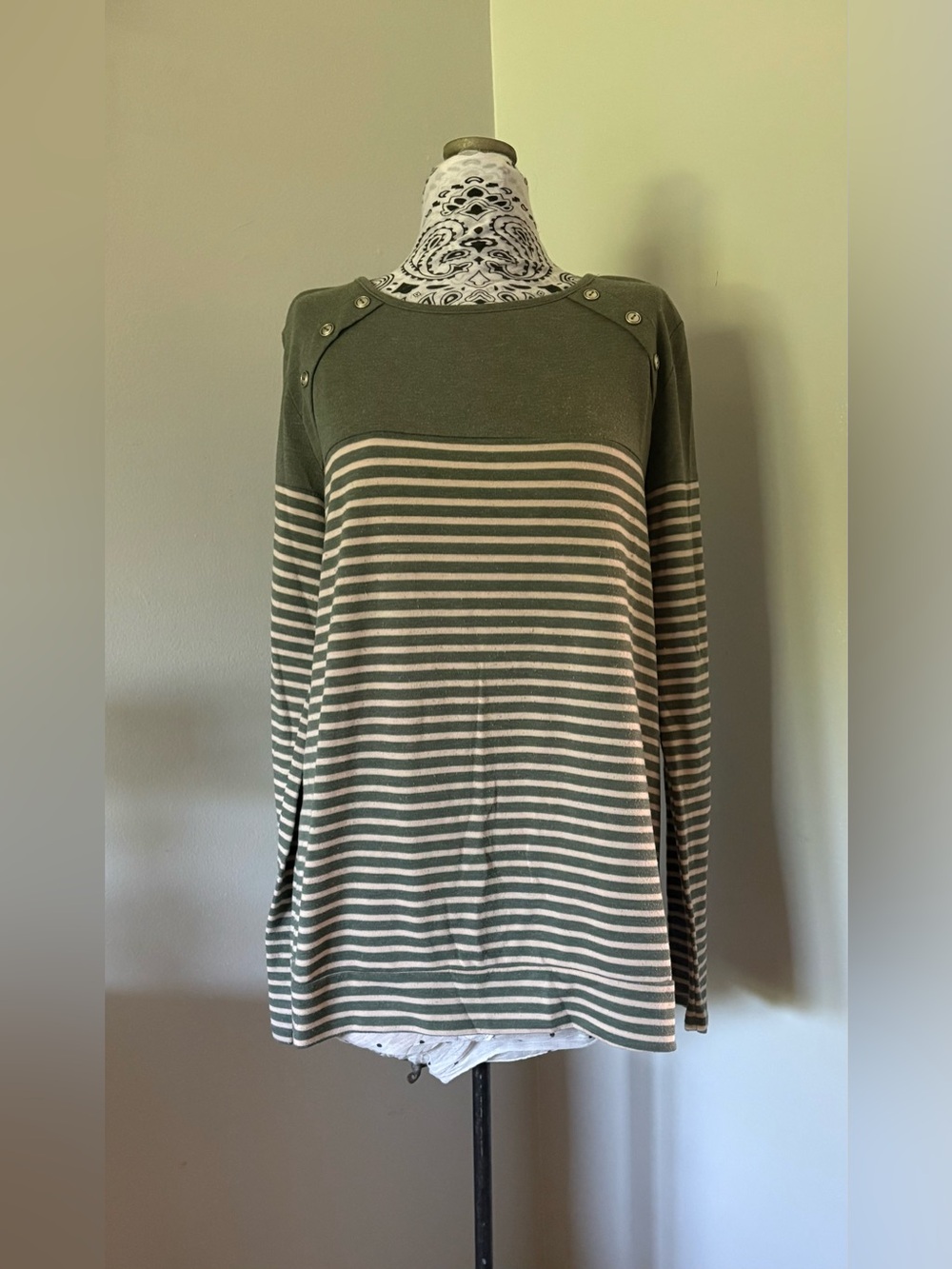 Pink Clover Olive Green & Cream Striped Button-Shoulder Top